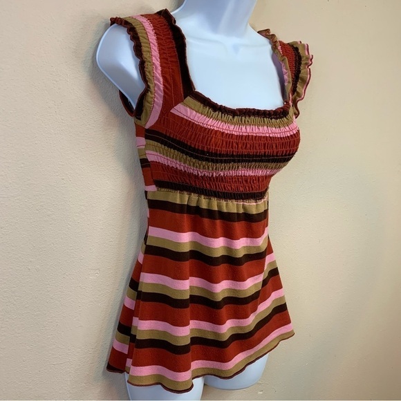 XS Y2k Era Vanity Striped Top Stretch Red Pink Ruffle 0 2 Vintage - Picture 2 of 7